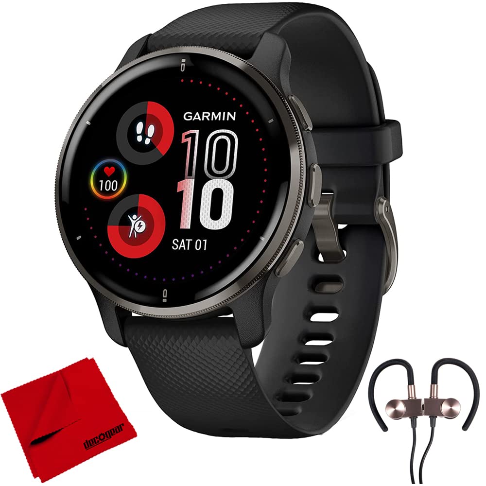 Garmin 010-02496-01 Venu 2 Plus GPS Smartwatch, Slate Bezel with Black Silicone Band Bundle with Deco Gear Magnetic Wireless Sport Earbuds and Deco